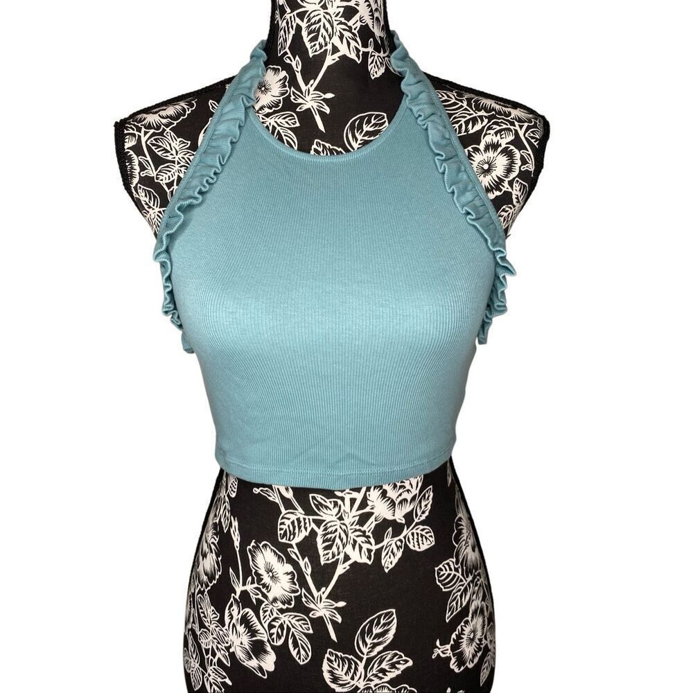 Zara Halter Ruffle Ribbed Crop Tank Blue Coquette Stretch Knit Top Juniors M